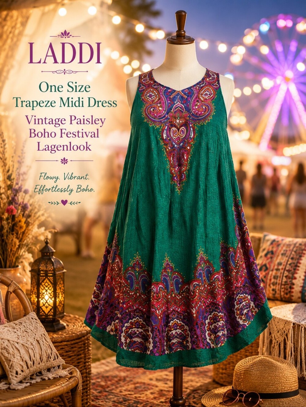 LADDI ONE SIZE TRAPEZE STYLE MIDI DRESS VINTAGE PAISLEY BOHO FESTIVAL LAGENLOOK